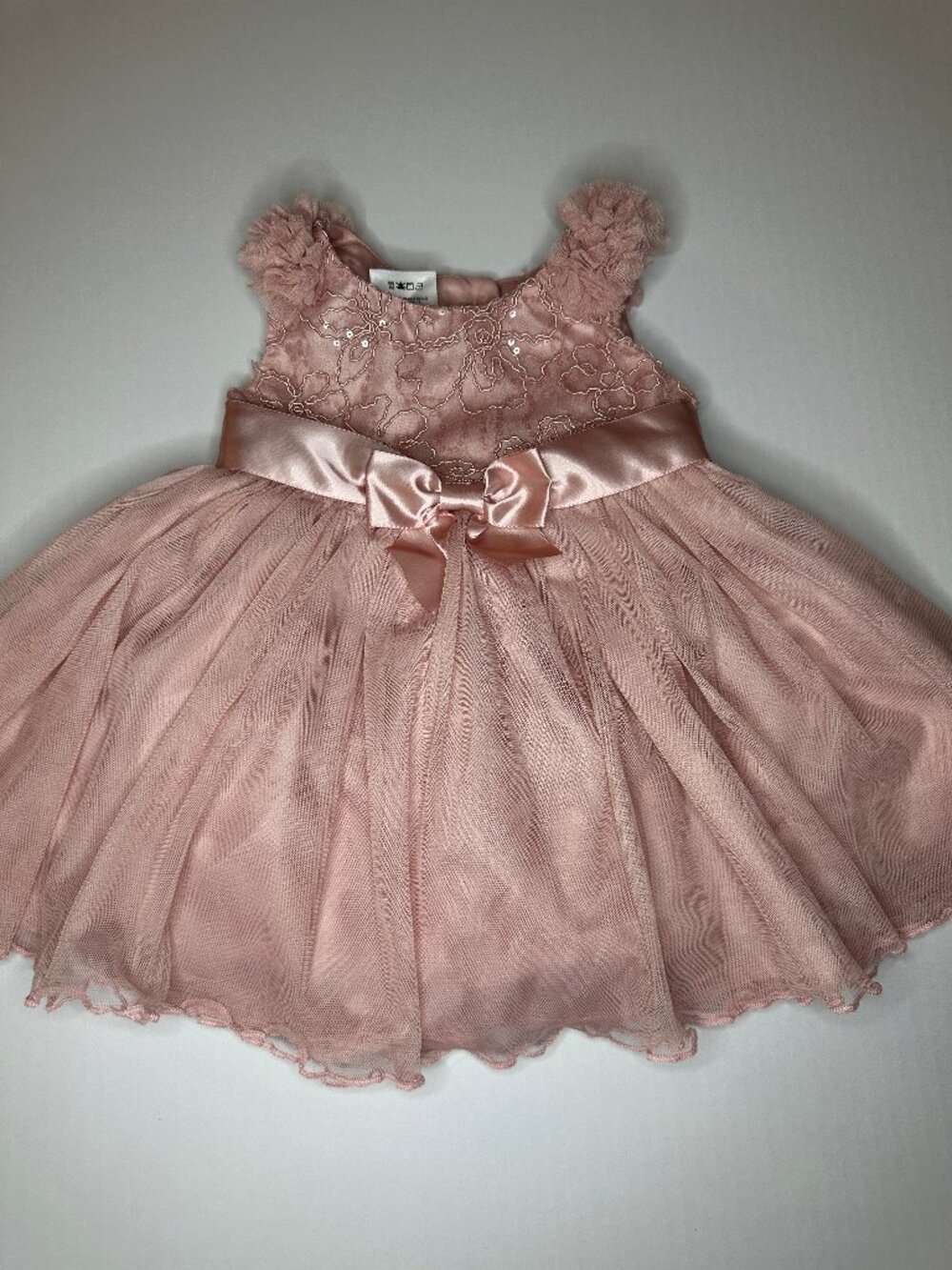 BONNIE BABY JEAN Girls 6-9 Months DUSTY ROSE Dress Floral tulle ruffles EUC
